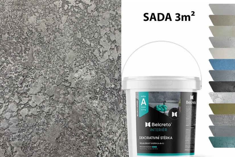Belcreto pro interiér sada 3 m² dekorativní stěrka - Farba stěrky: Pietroso, Odstín laku: Černý Onyx