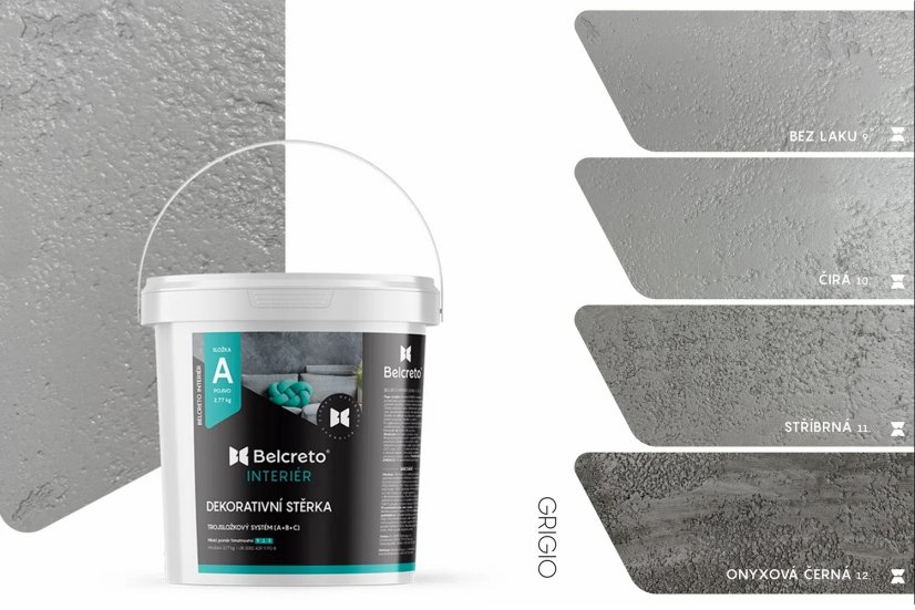 Belcreto pro interiér sada 3 m² dekorativní stěrka - Farba stěrky: Pietroso, Odstín laku: Černý Onyx