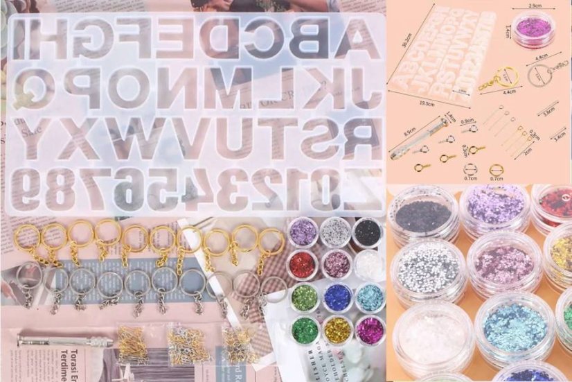 Silikónové formy - prívesky, kľúčenky, brošne - Druh produktu: Silikónová forma ABC123 velky set 186ks glitre, prívesky
