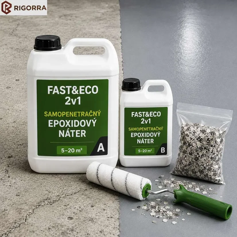 Samopenetračný epoxidový náter Fast&Eco 2v1 sada na betónovú podlahu s valčekom a chipsami