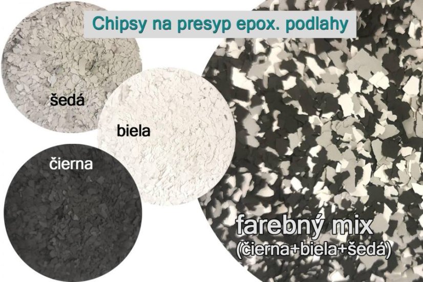 Akrylové a metalický chipsy do epoxidových podláh - Farba: mix č/b/š Akrylové a metalický chipsy do epoxidových podláh - Farba: mix č/b/š
